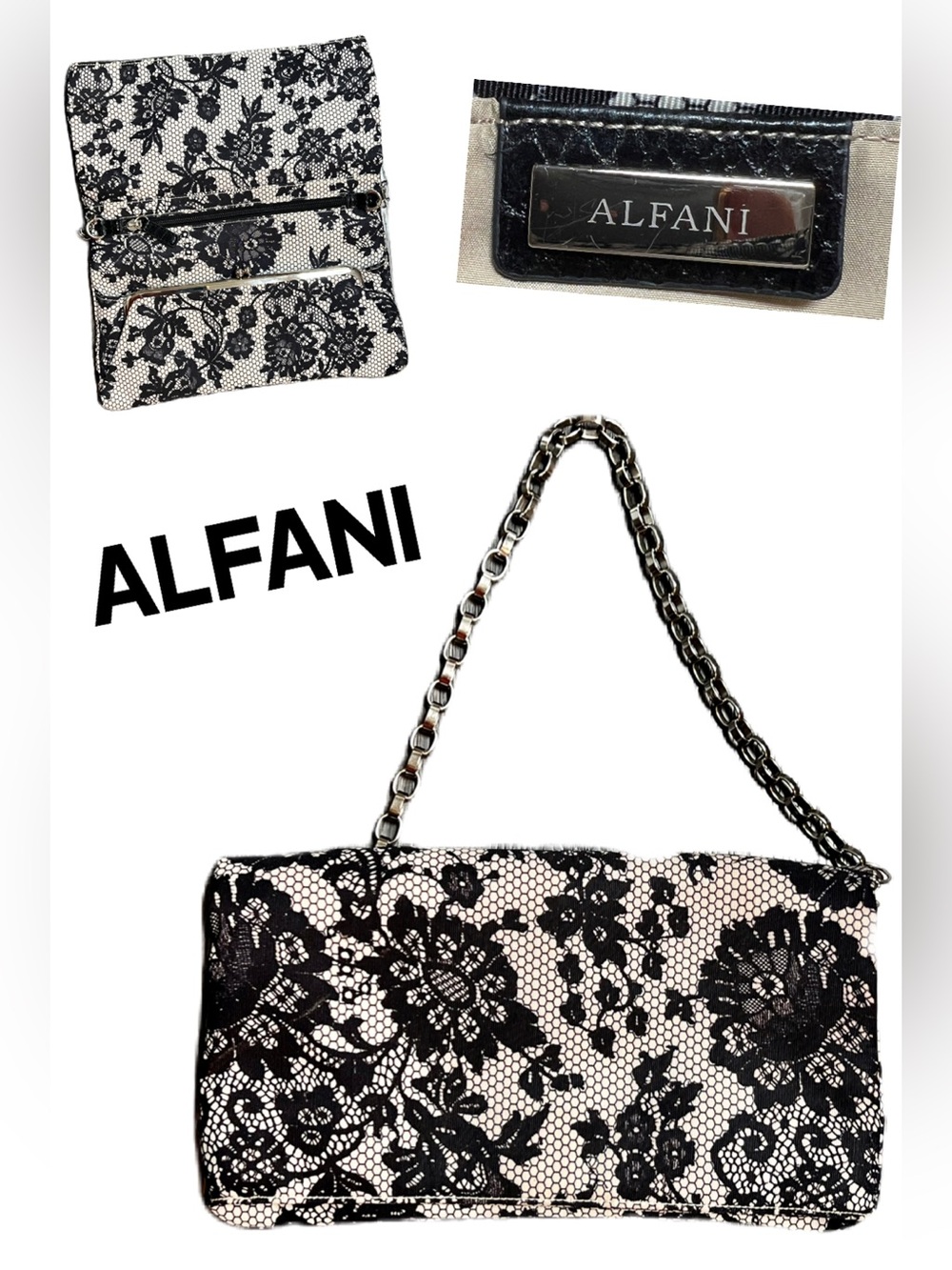 Alfani Black & White Lace Chain Shoulder/ Clutch bag, removable chain